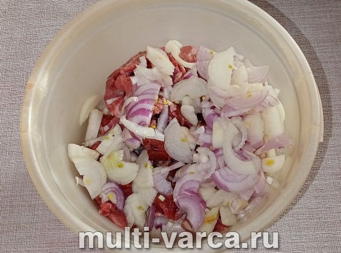 Тушкована свинина в цибулі