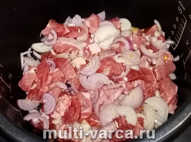 Тушкована свинина в цибулі