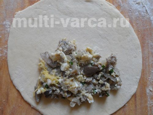 Чебуреки з грибами, сиром, яйцем і зеленою цибулею в мультиварці